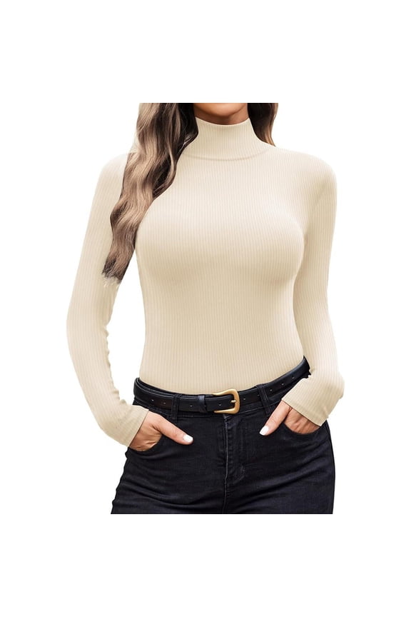 Ribbed Turtleneck Long Sleeve Layer Top Soft Thermal Base Shirt Lightweight Womens Fall Winter Essential L Size Beige