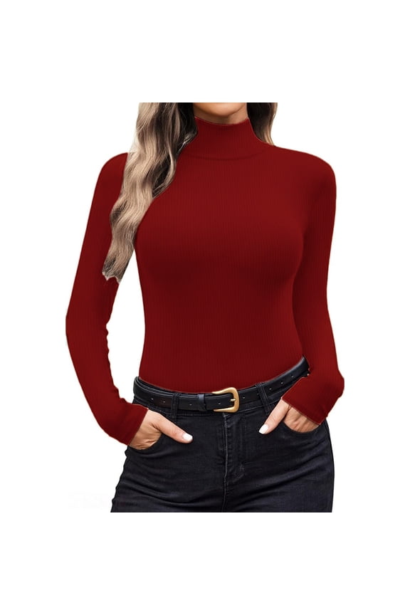 Ribbed Turtleneck Long Sleeve Layer Top Soft Thermal Base Shirt Lightweight Womens Fall Winter Essential L Size Wine
