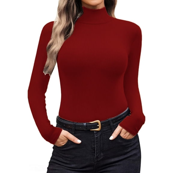 Breezora Ribbed Turtleneck Long Sleeve Layer Top Soft Thermal Base Shirt Lightweight Womens Fall Winter Essential M Size Wine