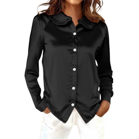 Breezora Satin Button Down Blouse Women Long Sleeve Shirt Lightweight Silky Feeling Business Casual Top Timeless Wardrobe Staple S Size Black