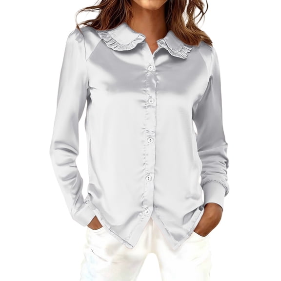 Breezora Satin Button Down Blouse Women Long Sleeve Shirt Lightweight Silky Feeling Business Casual Top Timeless Wardrobe Staple XXL Size White