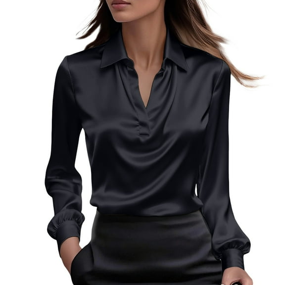Breezora Satin V Neck Button Down Blouse for Office Casual Long Sleeve Tops Womens Fall Workwear 2025 XXL Size Black