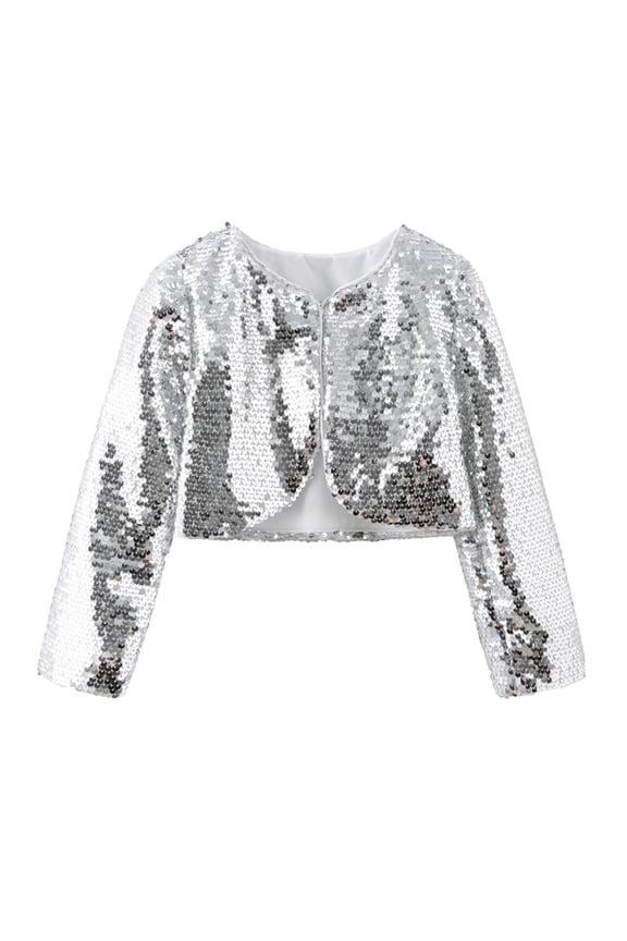 Sequin Jacket Dress for Girls Stage Performance Glitter Outerwear Model Runway Shawl Cover Up 150 Size Silver