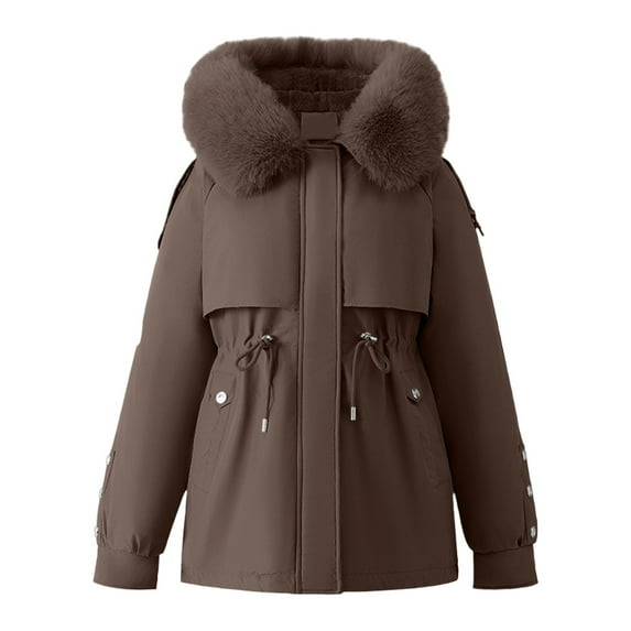 Breezora Short Puffer Jacket for Women Warm Thickened Lined Detachable Hooded Winter Coat Petite Fit L Size Coffee