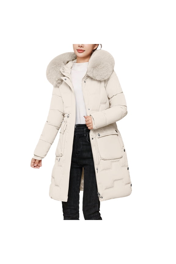 Slim Fit Long Puffer Coat for Women Warm Thickened Lined Waist Defining Winter Jacket L Size Beige