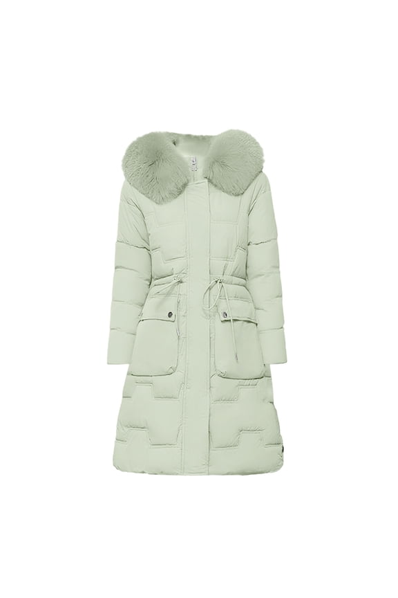 Slim Fit Long Puffer Coat for Women Warm Thickened Lined Waist Defining Winter Jacket XXXL Size Green