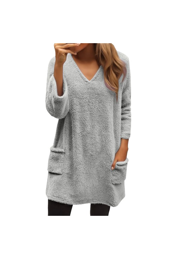 Soft V Neck Pullover Sweater Long Sleeve Double Layer Warm Top for Cozy Fall Layering XXL Size Grey