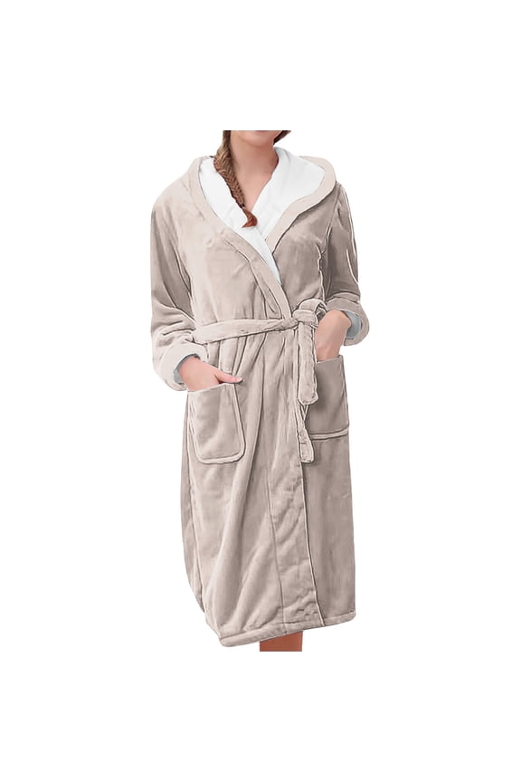 Soft Women Long Robe Cozy Fleece Loungewear Hooded Bathrobe for Home Wear Winter Warm Printed Comfort Robe XXL Size Beige