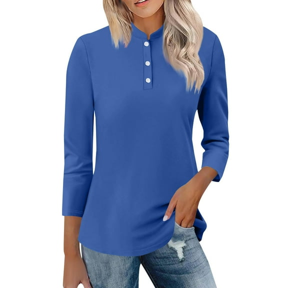 Breezora Stand Collar 3/4 Sleeve Button Down Shirt for Women Lightweight Breathable Tunic Top for Office Casual and Outdoor Activities S Size Blue