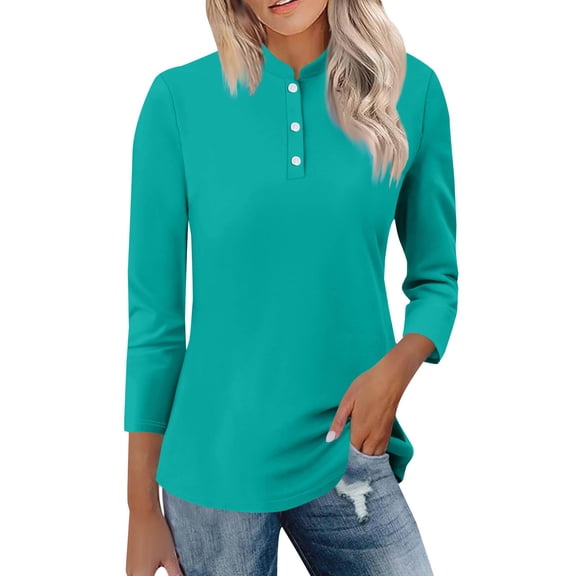 Breezora Stand Collar 3/4 Sleeve Button Down Shirt for Women Lightweight Breathable Tunic Top for Office Casual and Outdoor Activities S Size Green