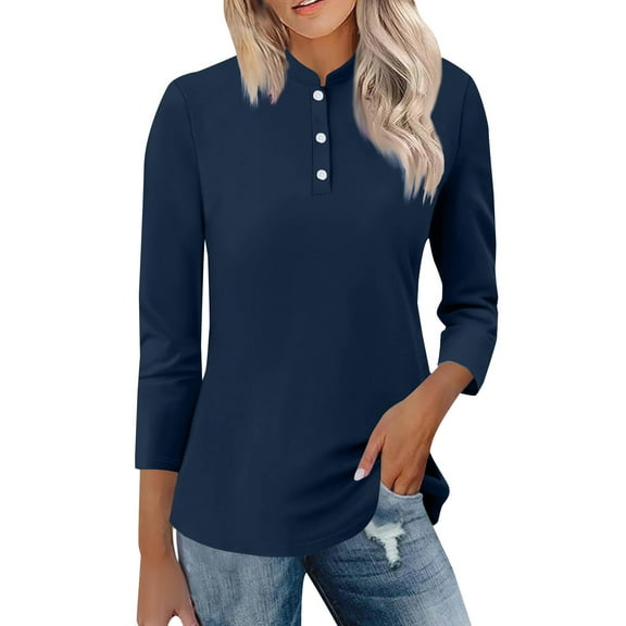 Breezora Stand Collar 3/4 Sleeve Button Down Shirt for Women Lightweight Breathable Tunic Top for Office Casual and Outdoor Activities XL Size Navy