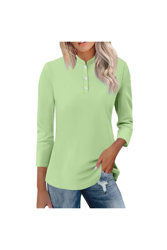 Stand Collar 3/4 Sleeve Button Down Shirt for Women Lightweight Breathable Tunic Top for Office Casual and Outdoor Activities XXL Size Beige