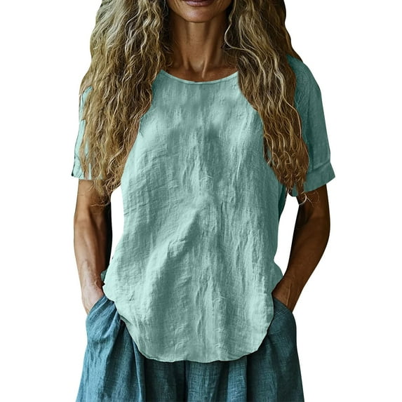 Breezora Summer Short Sleeve Linen Tops for Women Lightweight Breathable Casual Shirt with Stylish Print Relaxed Fit S Size Sky Blue