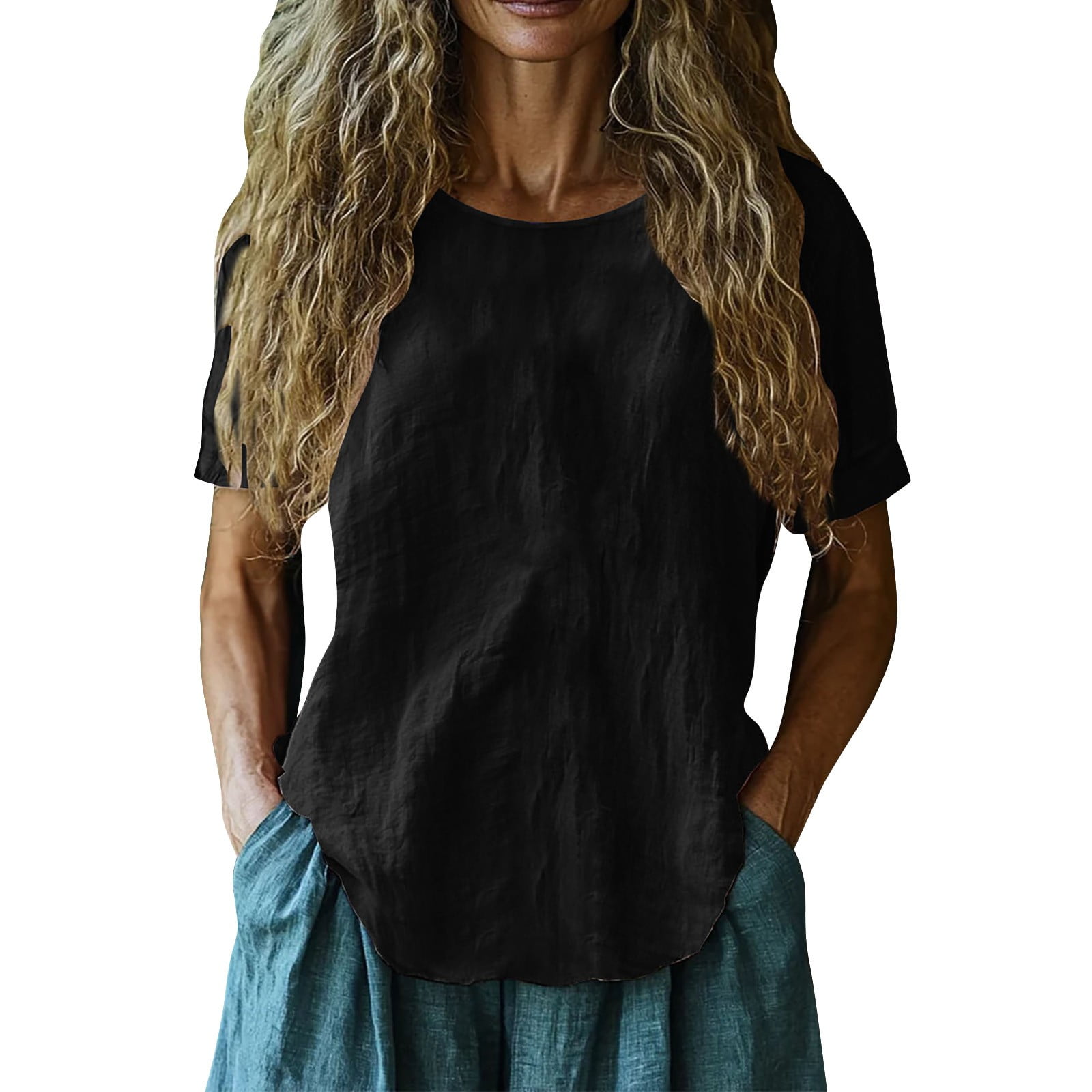 Breezora Summer Short Sleeve Linen Tops for Women Lightweight ...