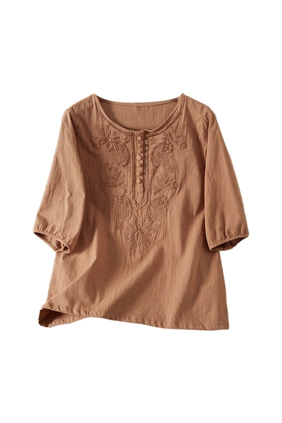 Summer Women's Vintage Top Short Sleeve Ethnic Embroidery Blouse Asian Inspired Traditional Shirt M Size Khaki