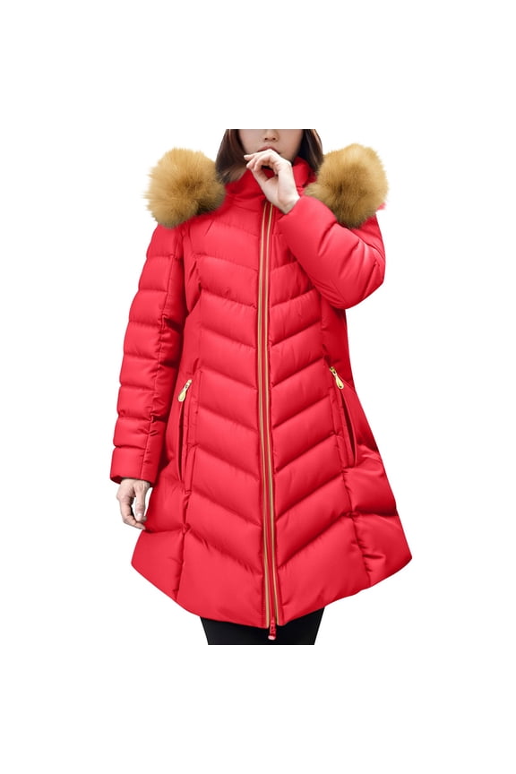 Thermal Insulated Mid Length Padded Coat for Women Winter Warmth Faux Filled Outerwear Plus Size Jacket XXXXXL Size Red