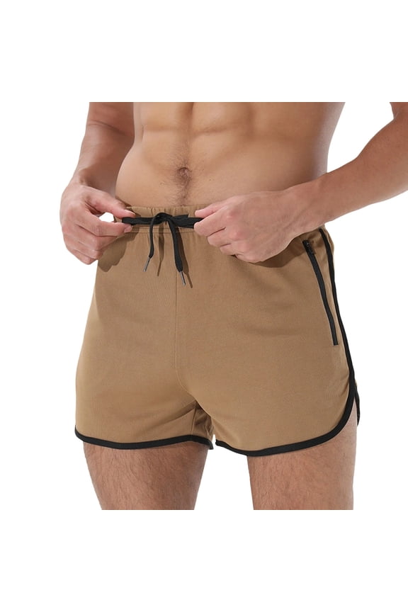 Three Quarter Running Shorts for Men Featuring Quick Drying Material and Secure Zipper Pockets Ideal for Fitness and Athletic Performance L Size Khaki