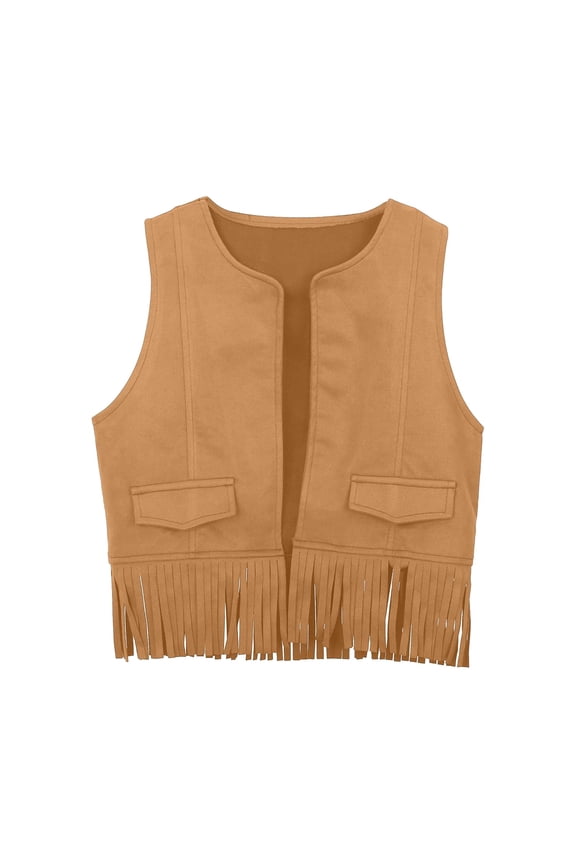 Toddler Girl Boy Retro Denim Look Fringe Vest T Shirt Western Style Kids Hippie Costume Top Blouse 120 Size Khaki