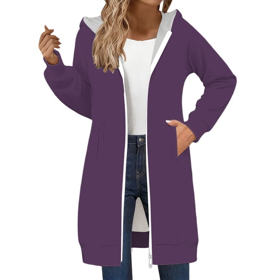Breezora Trendy Longline Zip Up Sweatshirt for Women Double Zipper Jacket Cozy Fall Winter Layering Piece Casual Everyday Outerwear XXL Size Purple
