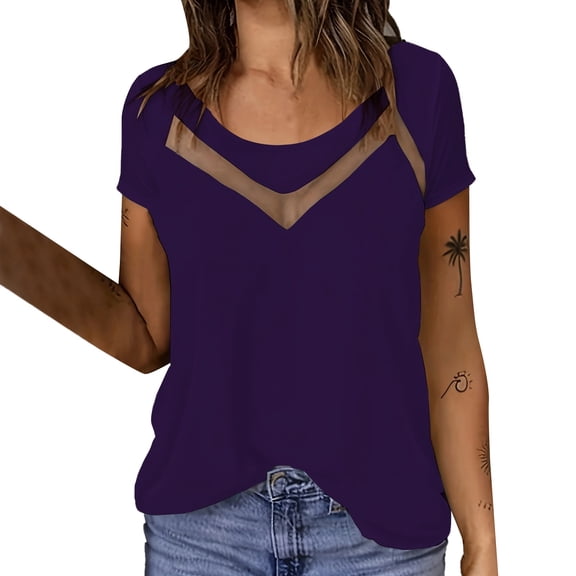 Breezora Trendy Mesh Short Sleeve Top for Women Slim Fit Fashionable See Through Design Comfortable Breathable Blouse S Size Purple