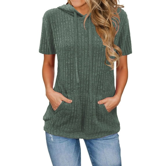 Breezora Trendy Women's Short Sleeve Hooded Top Oversized Pullover with Pocket for Casual Wear L Size Green