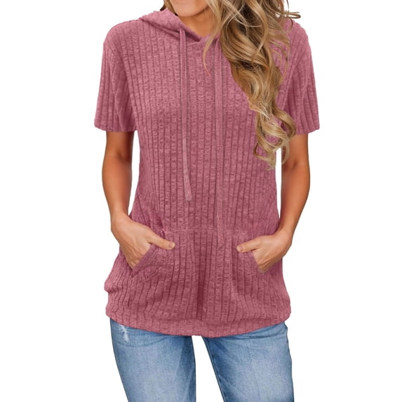 Breezora Trendy Women's Short Sleeve Hooded Top Oversized Pullover with Pocket for Casual Wear S Size Hot Pink