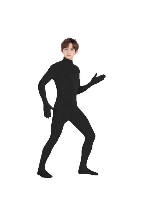 Unisex Kids Full Body Zentai Suit Dance Stage Performance Bodysuit Long Sleeve Stretch Jumpsuit Costume 170 Size Black