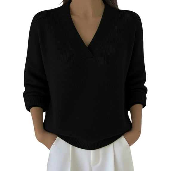 Breezora V Neck Knit Pullover Sweater Lightweight Long Sleeve Casual Fall Tops Womens 2025 Fashion Knitwear L Size Black