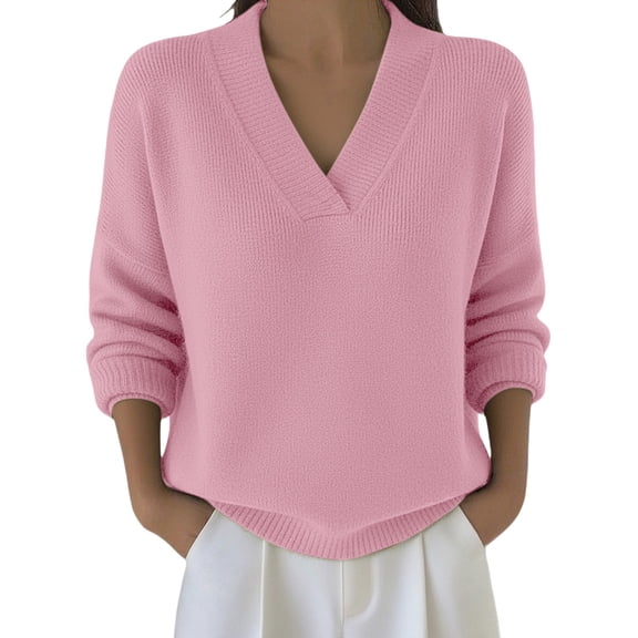 Breezora V Neck Knit Pullover Sweater Lightweight Long Sleeve Casual Fall Tops Womens 2025 Fashion Knitwear S Size Pink