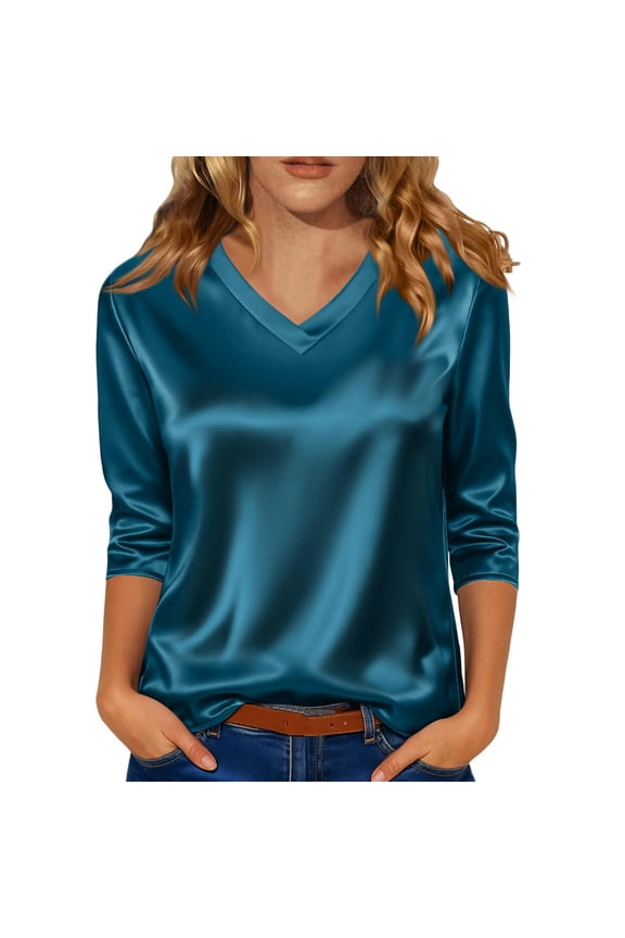 V Neck Satin Blouse For Women Professional Three Quarter Sleeve Top Breathable Work Shirt For Business Casual L Size Blackish Green