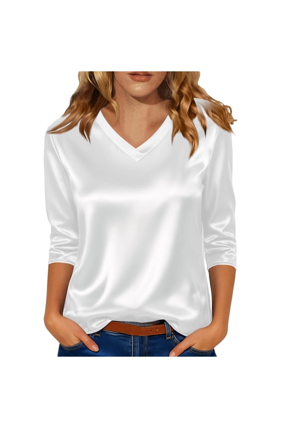 V Neck Satin Blouse For Women Professional Three Quarter Sleeve Top Breathable Work Shirt For Business Casual XL Size White