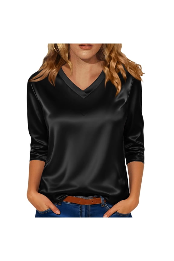 V Neck Satin Blouse For Women Professional Three Quarter Sleeve Top Breathable Work Shirt For Business Casual XXL Size Black
