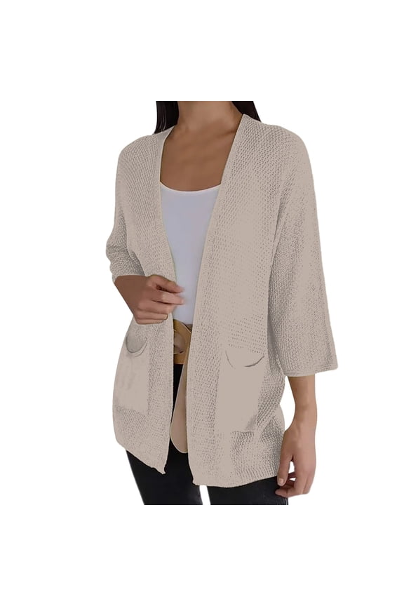 Waffle Textured Quarter Sleeve Casual Cardigan Jacket for Women Urban Style Lightweight Cover Up L Size Beige