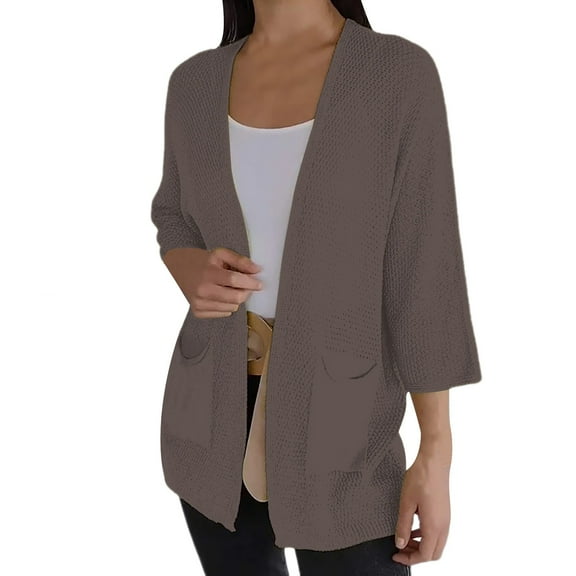 Breezora Waffle Textured Quarter Sleeve Casual Cardigan Jacket for Women Urban Style Lightweight Cover Up XXL Size Brown