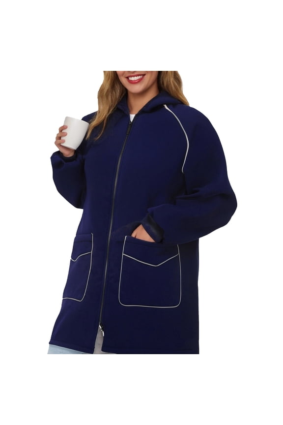 Water Resistant Long Hooded Coat for Women with Reflective Details Button Front Rain Protective Outerwear XXXL Size Navy