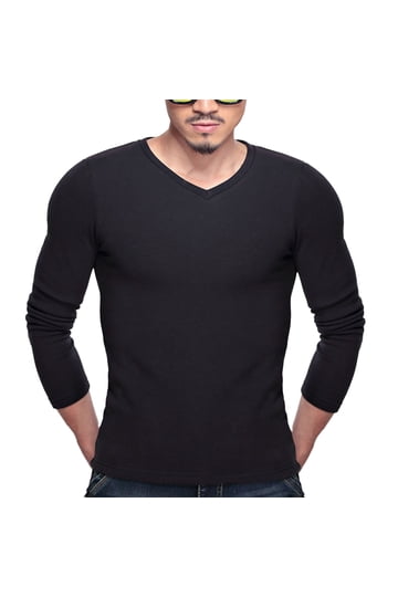 T-shirt Manches Longues Slim Homme - Col V - Noir, Blanc, Bleu, Vert Kaki - Coton/Spandex