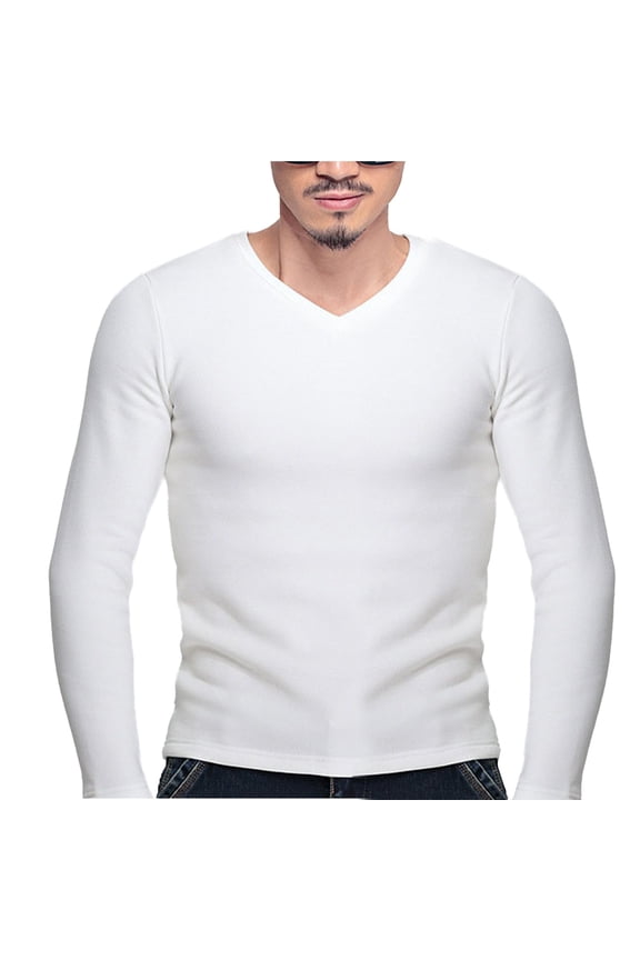 Winter Thermal Base Layer for Men V Neck Fleece Lined Shirt Long Sleeve Top Cold Weather Warm Clothing XL Size White