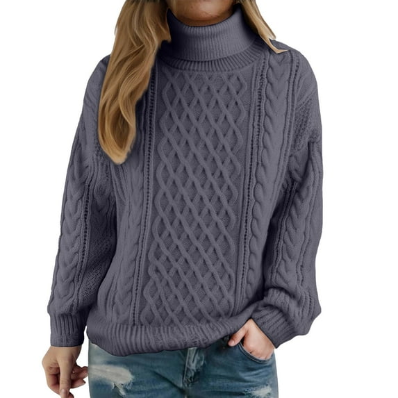 Breezora Women Cable Knit Sweater High Neck Pullover Casual Warm Long Sleeve Winter Jumper Coat XL Size Grey