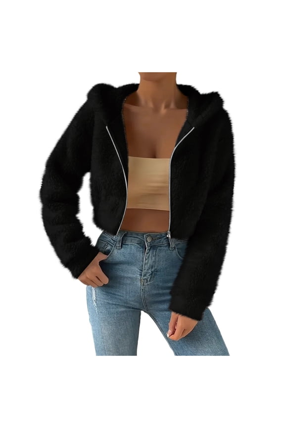 Women Casual Fuzzy Zip Up Cropped Jacket with Hood Warm Comfortable Short Outerwear for Everyday Wear XXXL Size Black