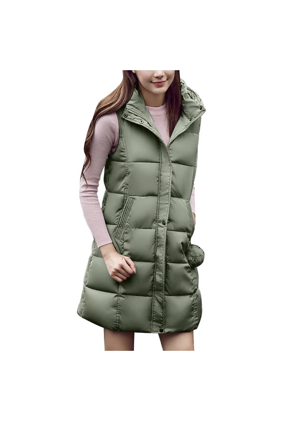 Women Casual Loose Hooded Sleeveless Long Vest Coat with Zipper Pockets Plus Size Long Blackish Green