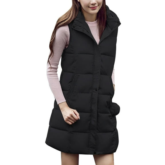 Breezora Women Casual Loose Hooded Sleeveless Long Vest Coat with Zipper Pockets Plus Size Long XXXL Size Black