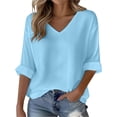 thumbnail image 1 of Breezora Women Casual V Neck Long Sleeve Tshirts Basic Tee Tops 2025 Fall Trendy Three Quarter Sleeve XL Size Sky Blue, 1 of 6