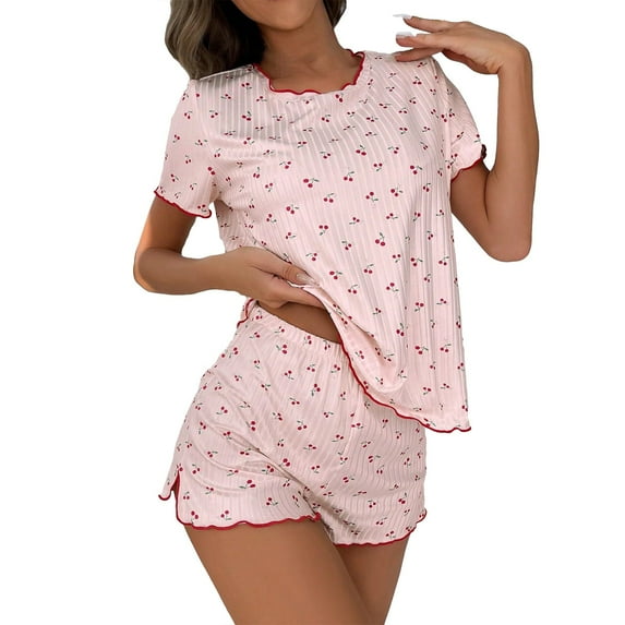 Breezora Women Cherry Print Pajama Set Short Sleeve Lounge Wear Sleepwear L Size Pink