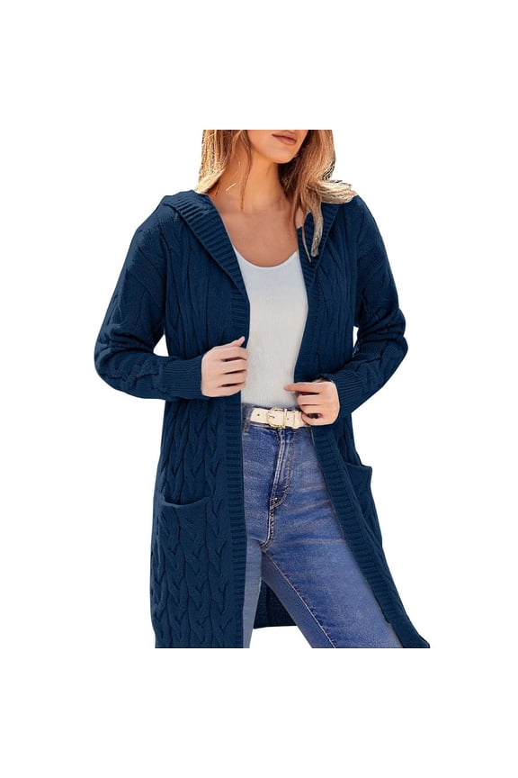 Women Chunky Knit Open Front Cardigan Sweater Coat with Pockets Hooded Outdoor Comfort XL Size Dark Blue