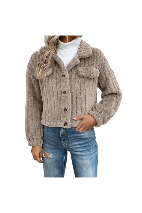 Women Collar Button Down Jacket Long Sleeve Drop Shoulder Design for Warm Outerwear and Stylish Comfort in Various Occasions L Size Beige