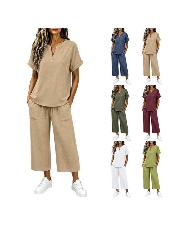 Women Cotton Linen 2 Piece Set Loose 3/4 Pants Drawstring Waist Casual Tops Trousers Suits for Home