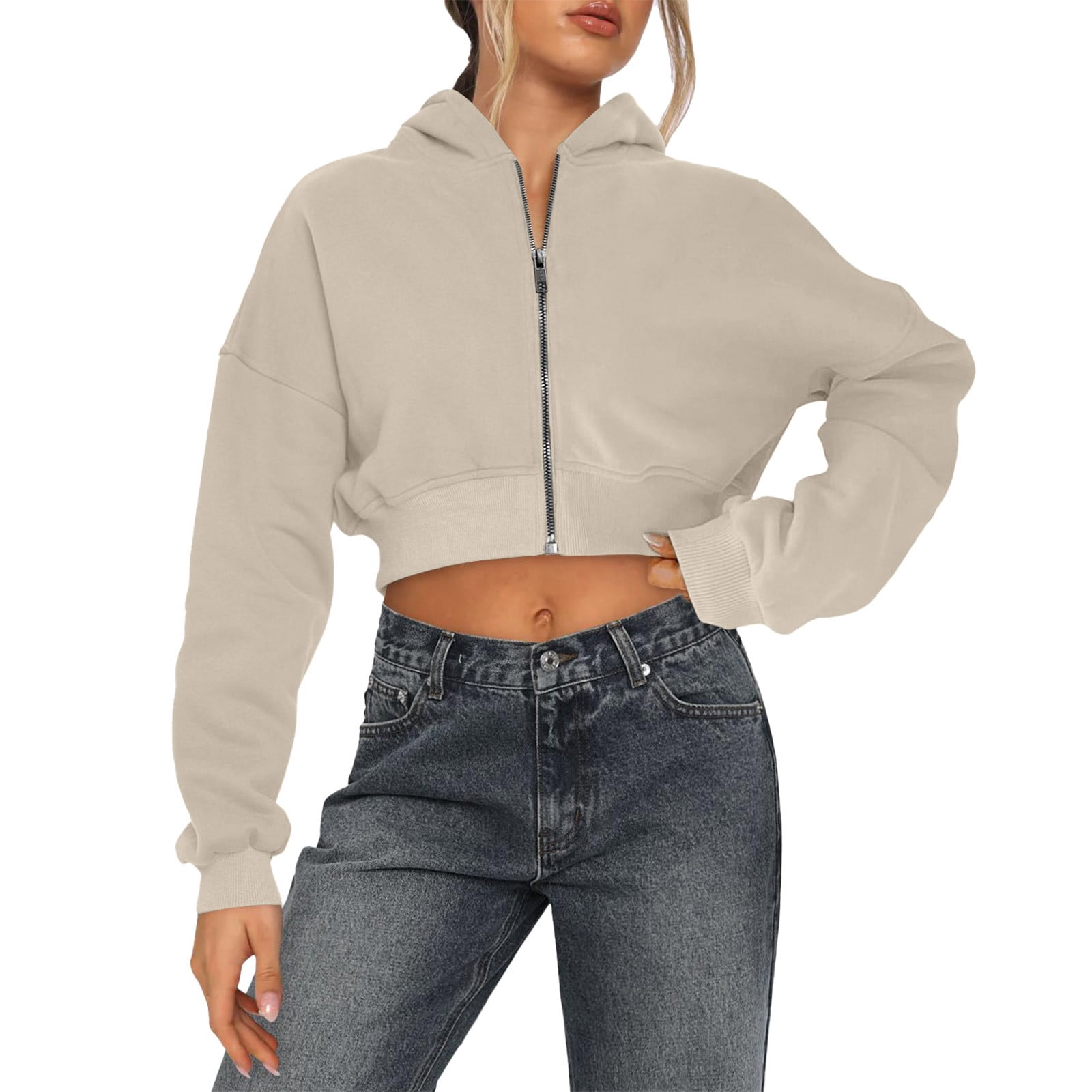 Women’s Zip Up Crop Sweatshirt – Fleece Lined Casual Hoodie