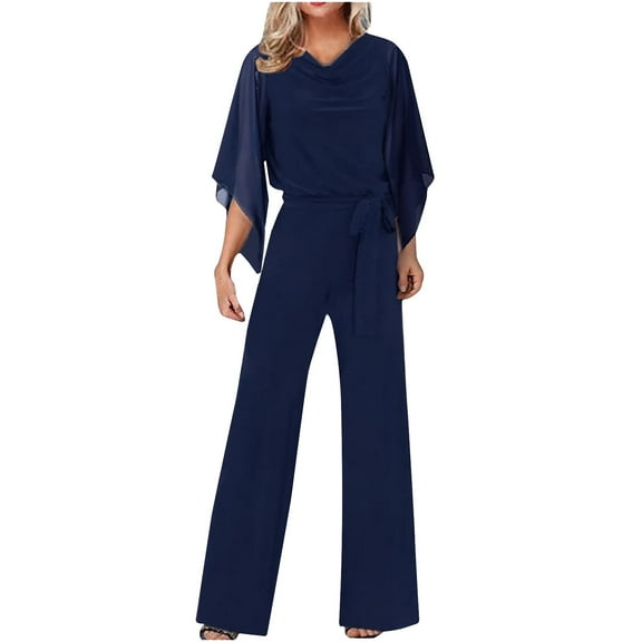 Breezora Women Elegant Jumpsuit for Wedding and Holiday Parties Summer Long Casual Pant Suit with 3 4 Sleeve High Waist M Size Blue