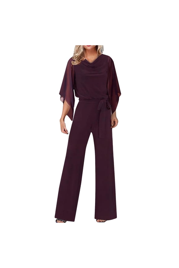 Women Elegant Jumpsuit for Wedding and Holiday Parties Summer Long Casual Pant Suit with 3 4 Sleeve High Waist M Size Red