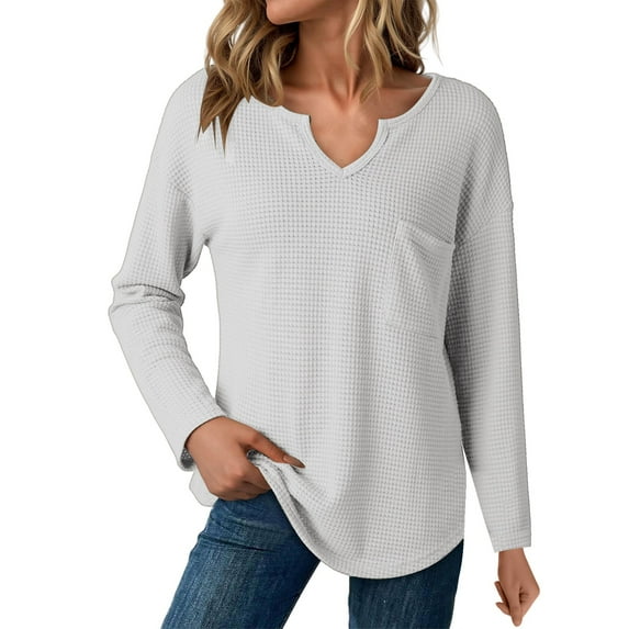 Breezora Women Knit Top Long Sleeve Notch Neck Casual Modern Solid Color Relaxed Blouse S Size White